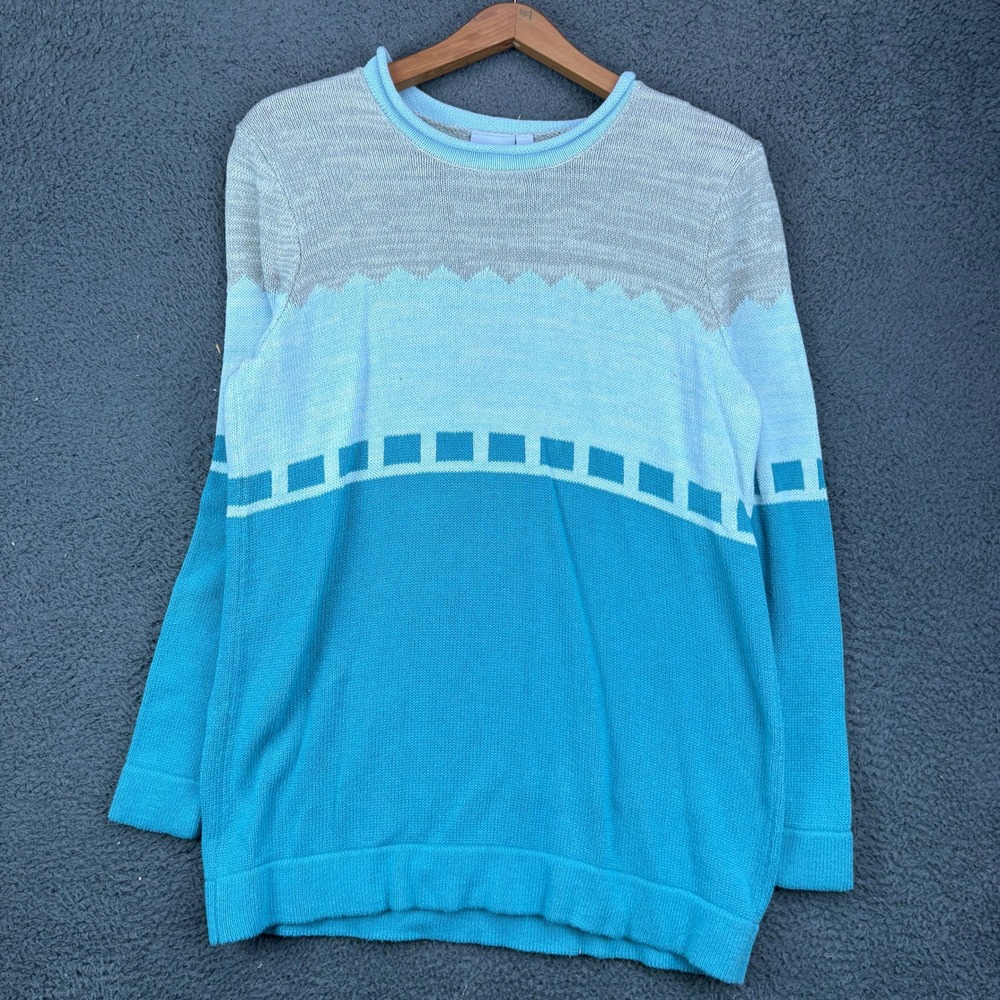 BFA Classics Womens Large‎ Cotton Knit Colorblock Geometric Sweater Blue Tan